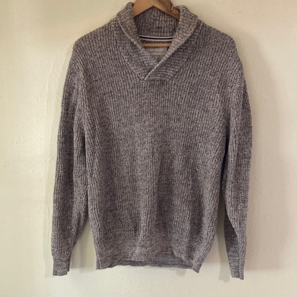 Tan and black marled cotton sweater. Size Large.  Shawl collar.